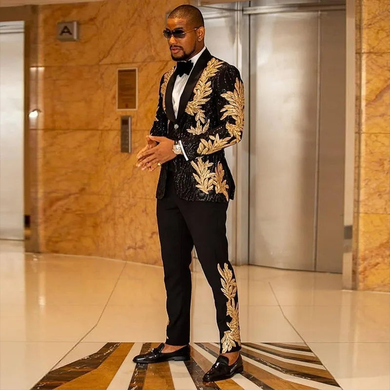 Men's Gold Sequin Two-Piece Suit Set – Casual Blazer & Dress Pants