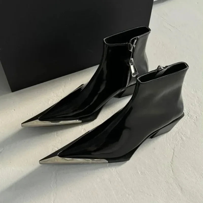 Women's Pointed Toe Chelsea Boots – Chunky Heel Metal Detail, Side Zip Ankle Boots
