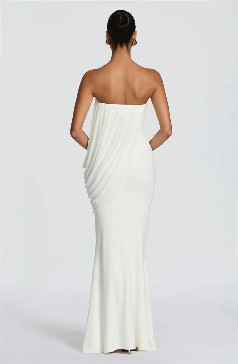 Mesh Backless Off-Shoulder Maxi Dress – Ruched High Waist Slim Evening Gown