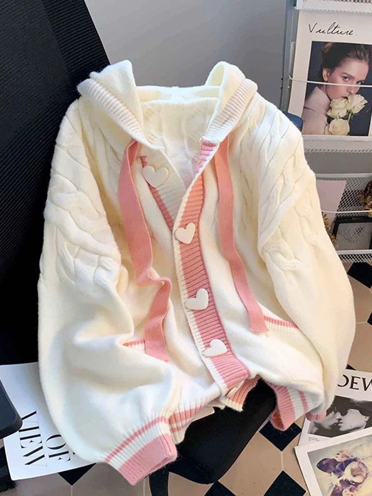 Women's White Hooded Knit Cardigan, Loose Fit