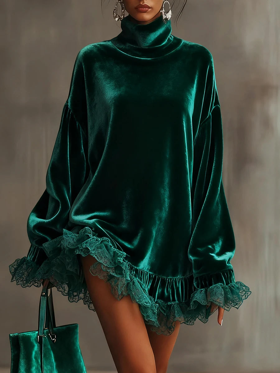 Velvet Turtleneck Mini Dress – Vintage Lace Ruffle Trim & Lantern Sleeves