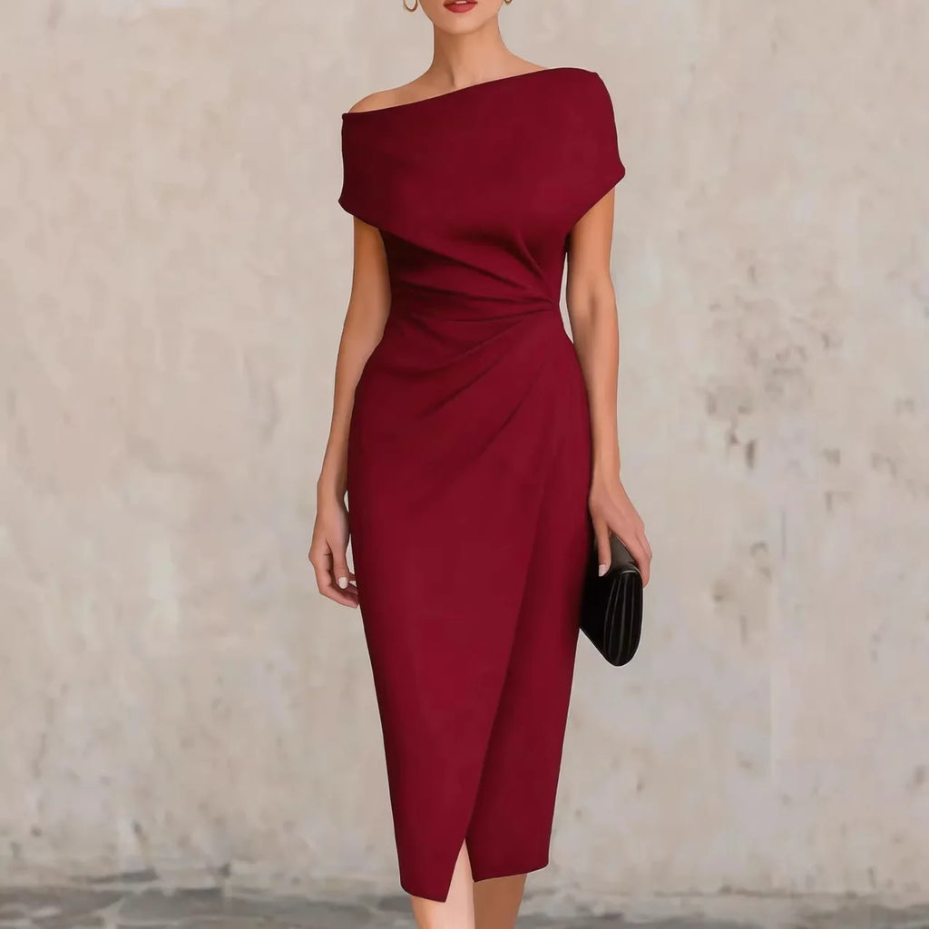 Asymmetrical Off-Shoulder Draped Midi Dress – Ruched Waist Split Pencil Dress