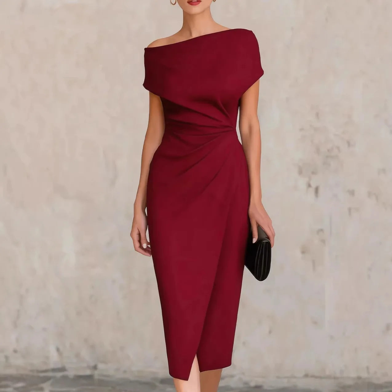 Asymmetrical Off-Shoulder Draped Midi Dress – Ruched Waist Split Pencil Dress