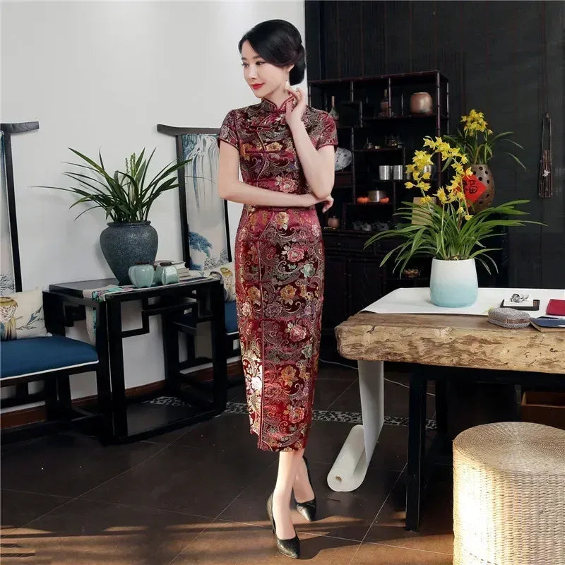 Printed Short-Sleeve Qipao-Inspired Midi Dress
