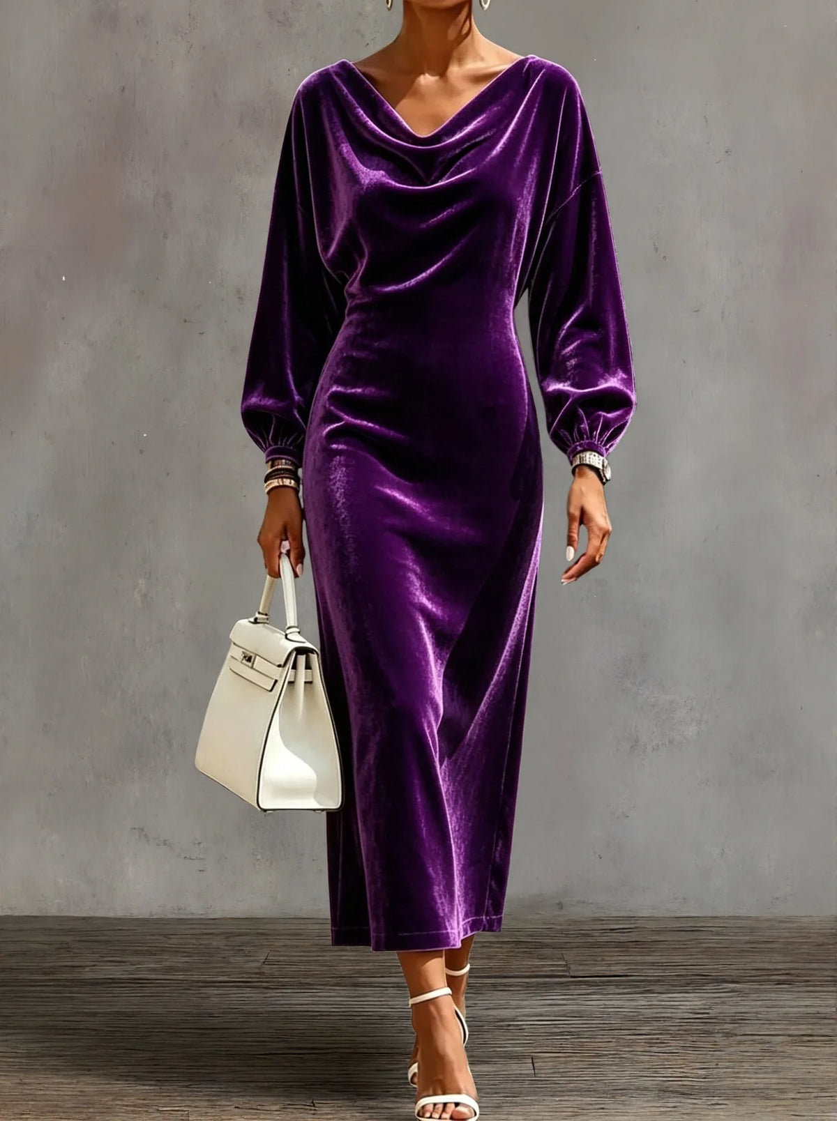 Women's Elegant Cowl Neck A-Line Dress with Lantern Sleeves