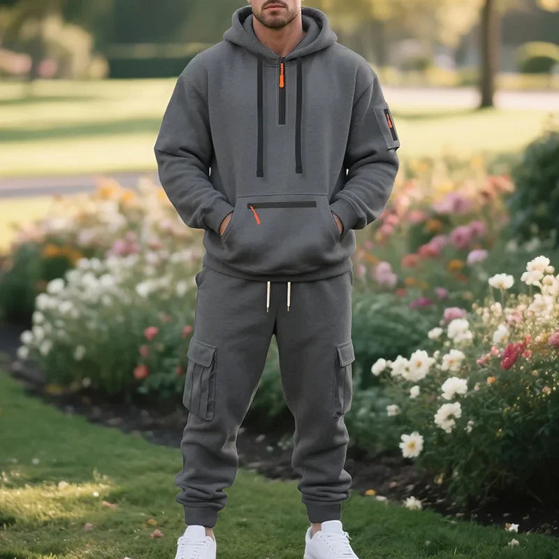 Men's Fleece Hoodie & Multi-Pocket Pants Set – Casual Sportswear