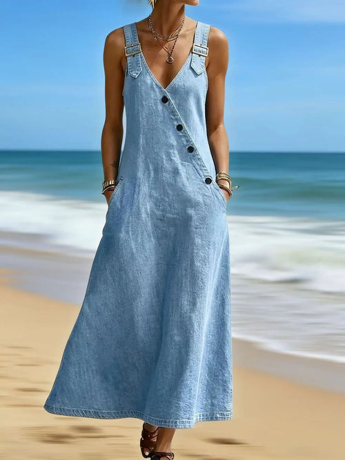 Women Denim Suspender Dress Sleeveless Overall Dresses Distressed Backless V Neck Button Washed Vestidos Summer Sundress A Line LADYLYS