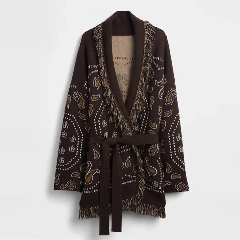 Women's Jacquard Knit Wrap Cardigan with Belt and Fringe Trim
