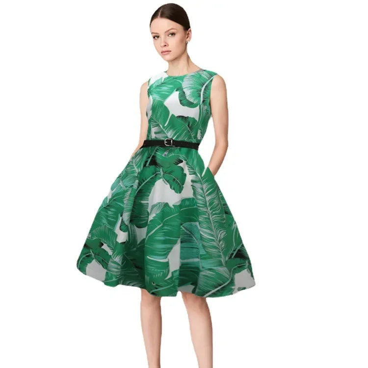 Retro Hepburn Style Sleeveless Printed Slimming Dress with Belt Large Skirt Evening Gown LADYLYS