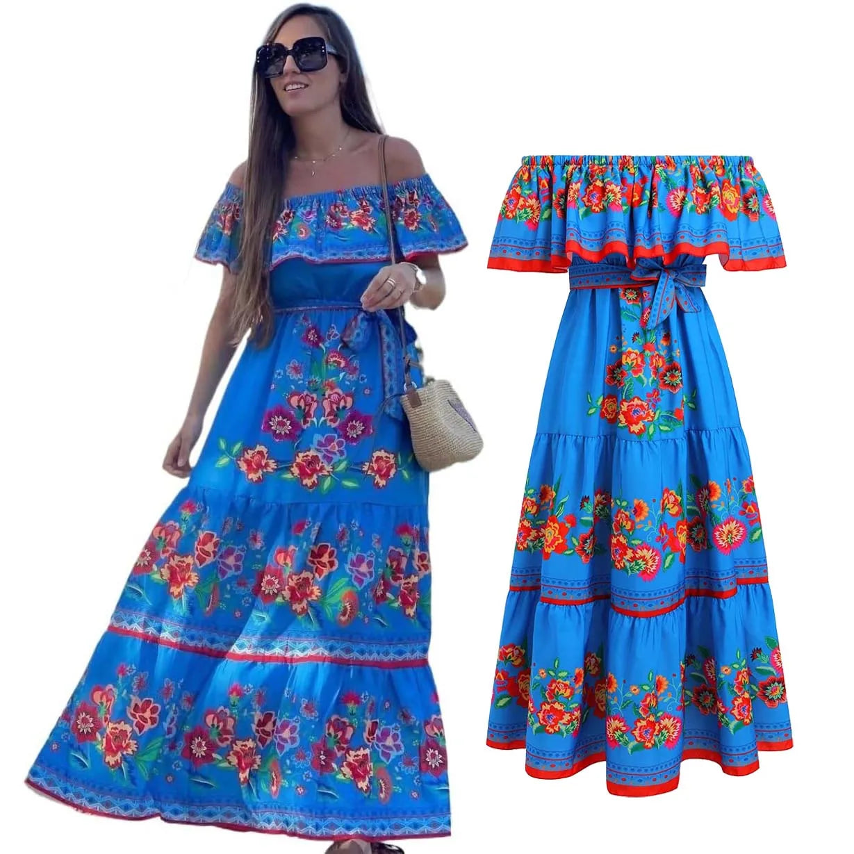 Ethnic Mexican Cinco De Mayo Summer Floral Print Off Shoulder Dress LADYLYS