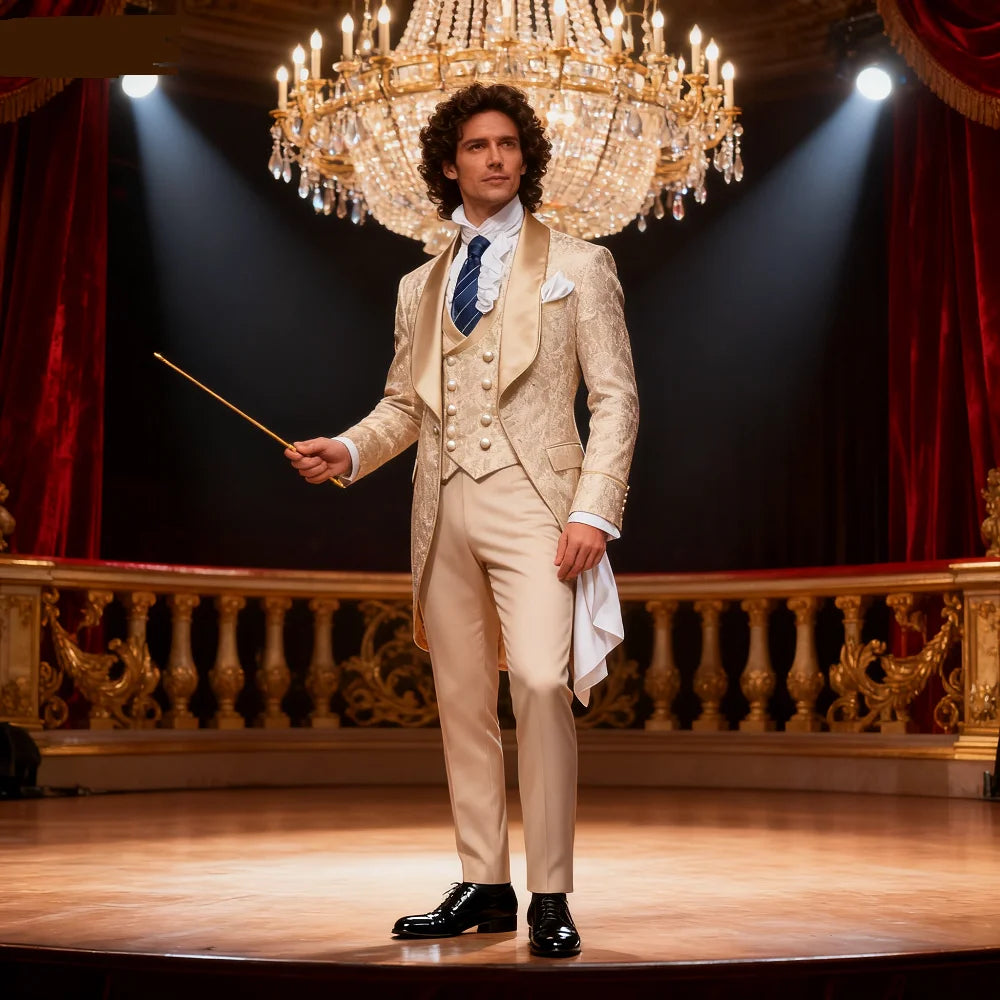 Men’s Champagne Jacquard Three-Piece Wedding Tuxedo