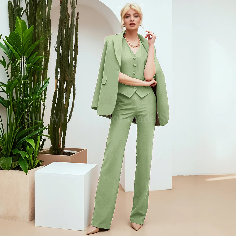 Chic Green 3-Piece Women's Suit – Slim Fit Blazer, Pants & Vest | Formal Office Set