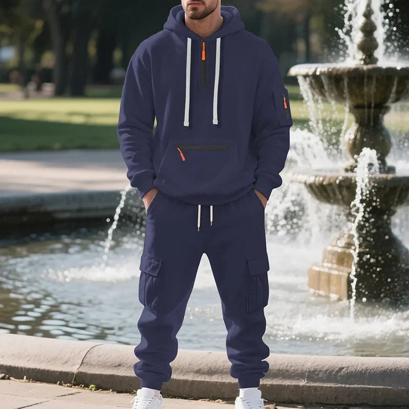 Men's Fleece Hoodie & Multi-Pocket Pants Set – Casual Sportswear