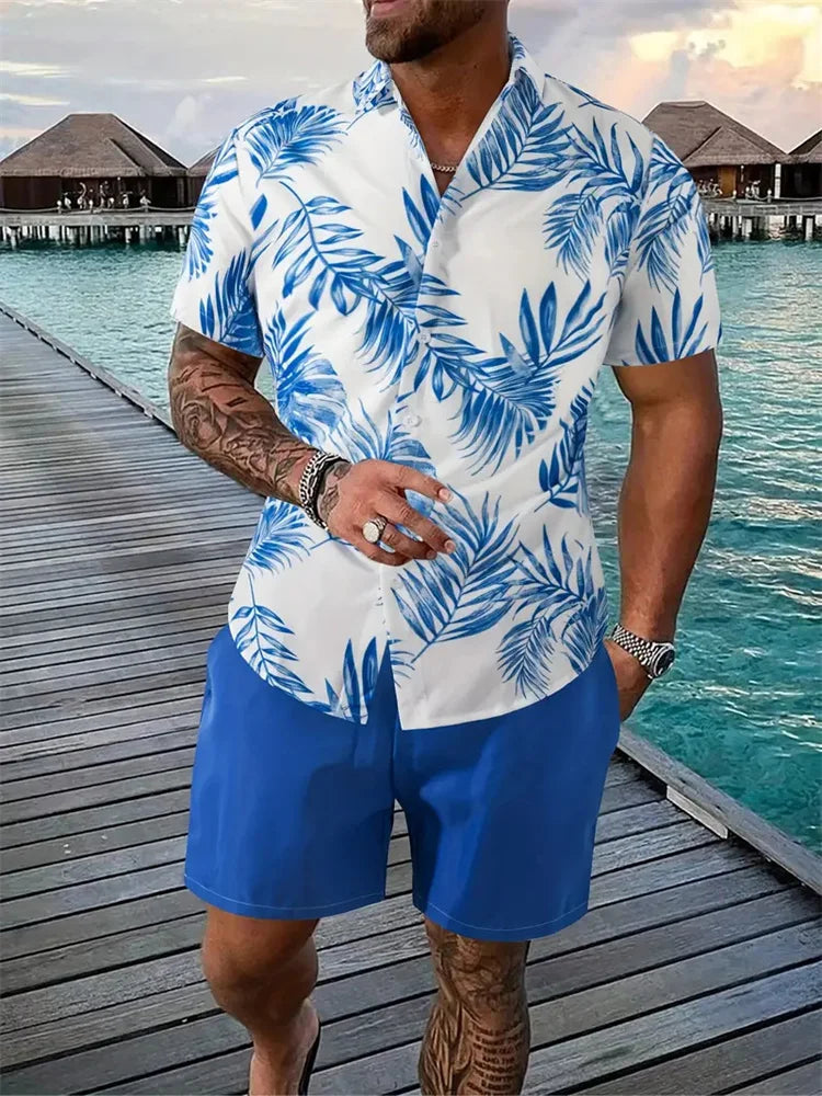 Men's Shirt Shorts Set Two Piece 3D Leaf Print Hawaiian Style LADYLYS