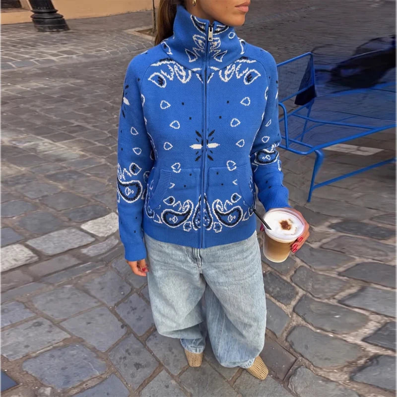 Women's Boho Jacquard Knit Cardigan with Stand Collar and Zip