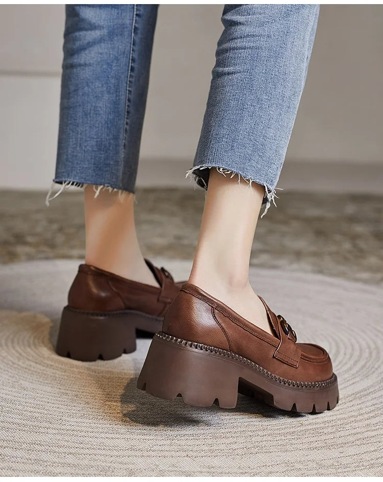 Women's Genuine Leather Loafer Pumps – Thick Square Heel Platform Slip-On with Metal Detail