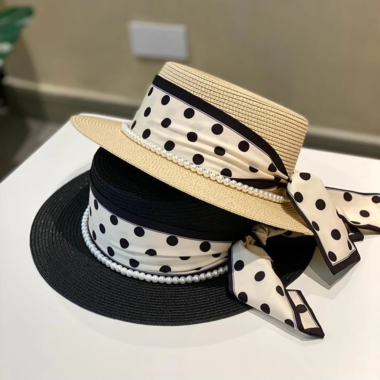 Women’s Wide Brim Straw Sun Hat – Pearl & Dot Ribbon Elegant Beach Cap