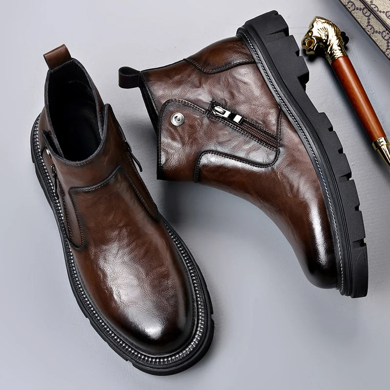 Men's Genuine Leather Zip-Up Ankle Boots – British Retro High-Top Non-Slip Booties