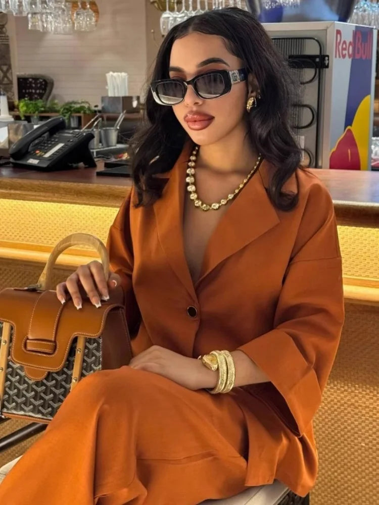 Lapel Loose Single Breasted Shirt High Waisted Straight Leg Pants Casual Elegant Suit LADYLYS