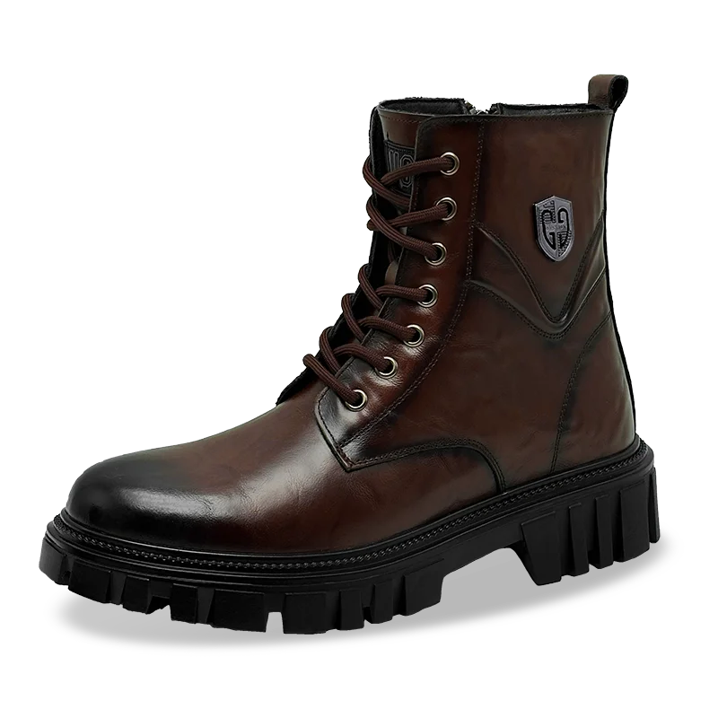 Men's Split Leather Motorcycle Ankle Boots – High-Top Slip-On Thick Sole Winter Boots