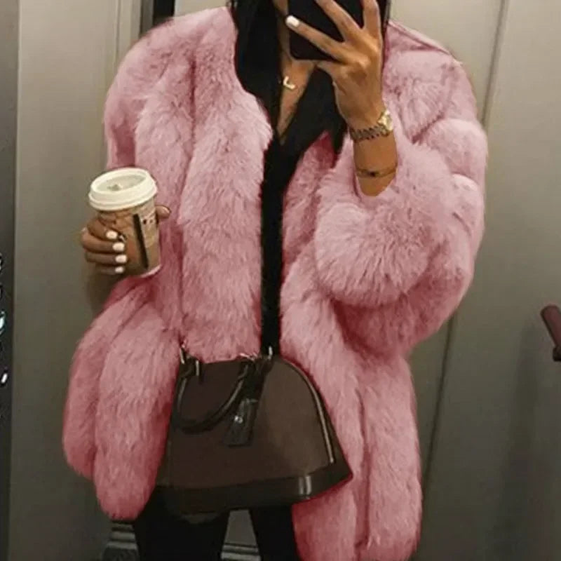 Women's Short Faux Fur Jacket with Puff Sleeves