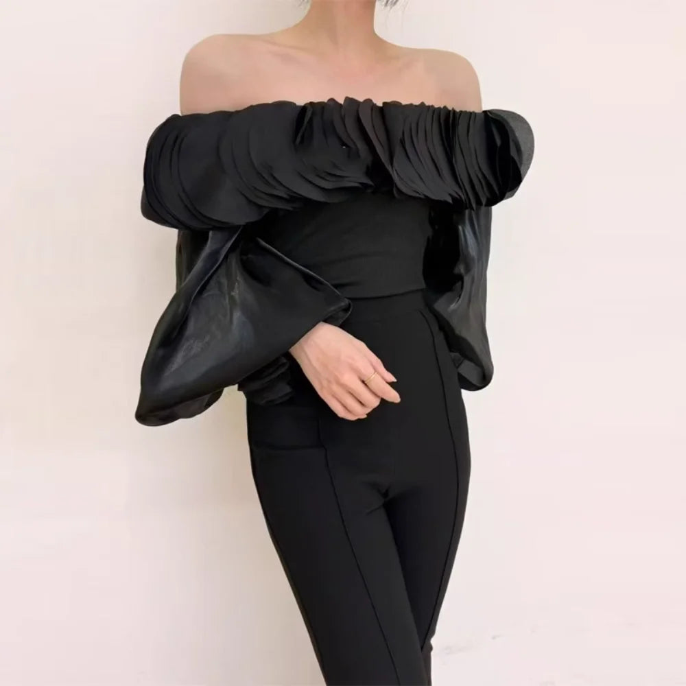 Neploe Temperament Slash Neck Advanced Western Shirt Short All-match Ruffles French Literary