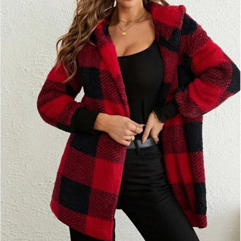 Double Fleece Plaid Cardigan Soft Loose Long Sleeve Plush Warm Hooded Jacket