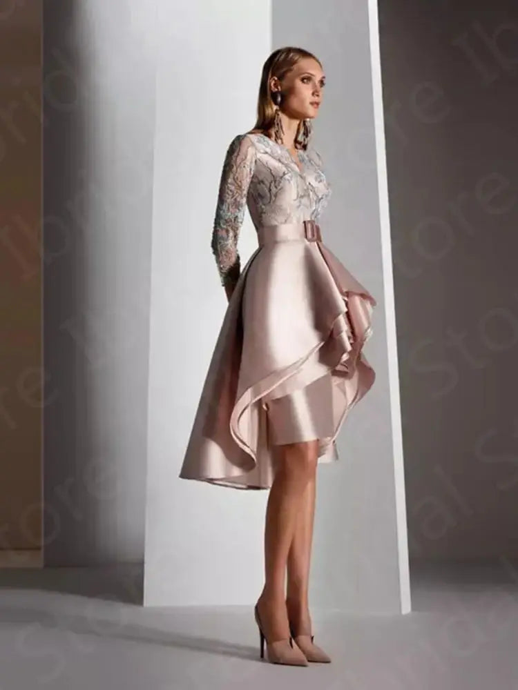 Pearl Pink High-Low Mother of the Bride Dress – 3/4 Sleeve Lace Gown
