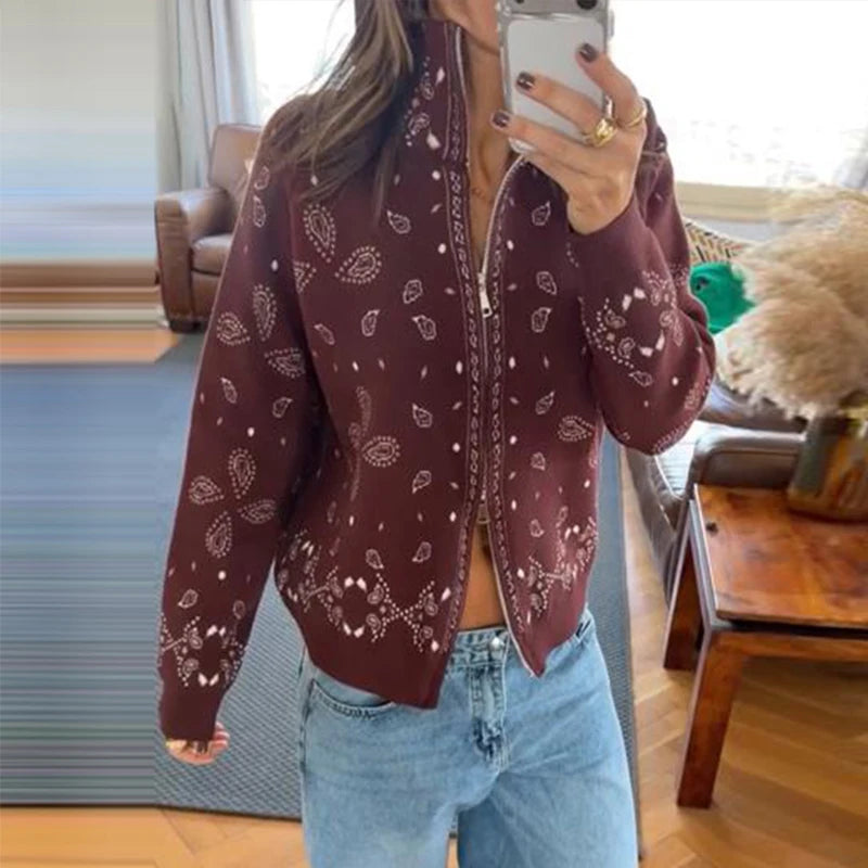 Women's Boho Jacquard Knit Cardigan with Stand Collar and Zip