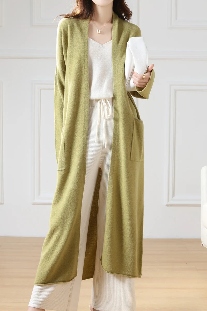Women's Long Wool V-Neck Cardigan, Loose Fit