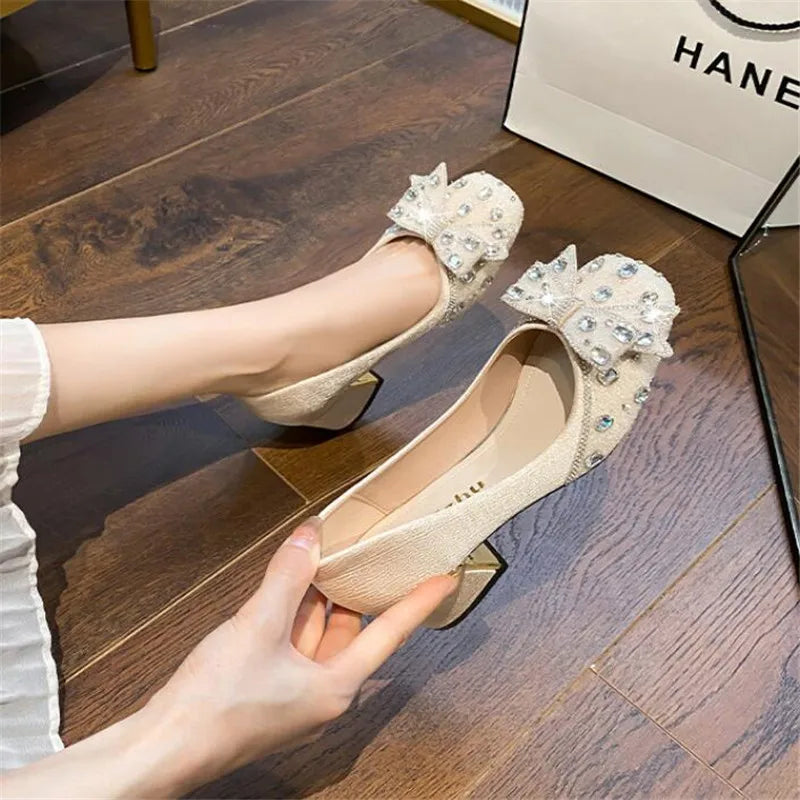 Fashion Thick Heel Square Toe Rhinestone Shallow Mouth Women Shoes Large Size 43 LADYLYS