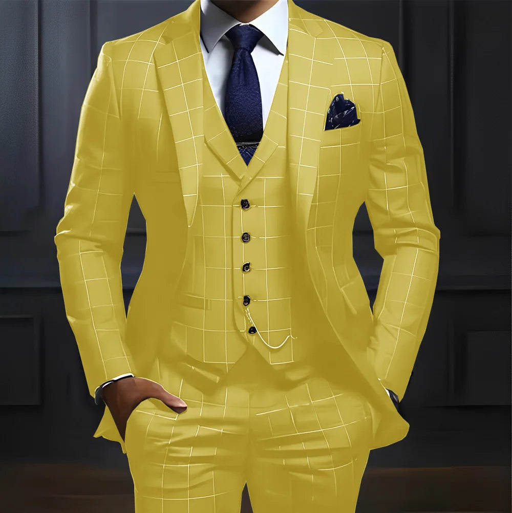 Men’s Plaid Three-Piece Suit for Weddings and Business