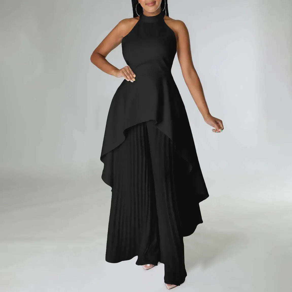 Elegant Tow Piece Set Women Outfit Backless Top Hundred Pleated Wide Leg Pants LADYLYS