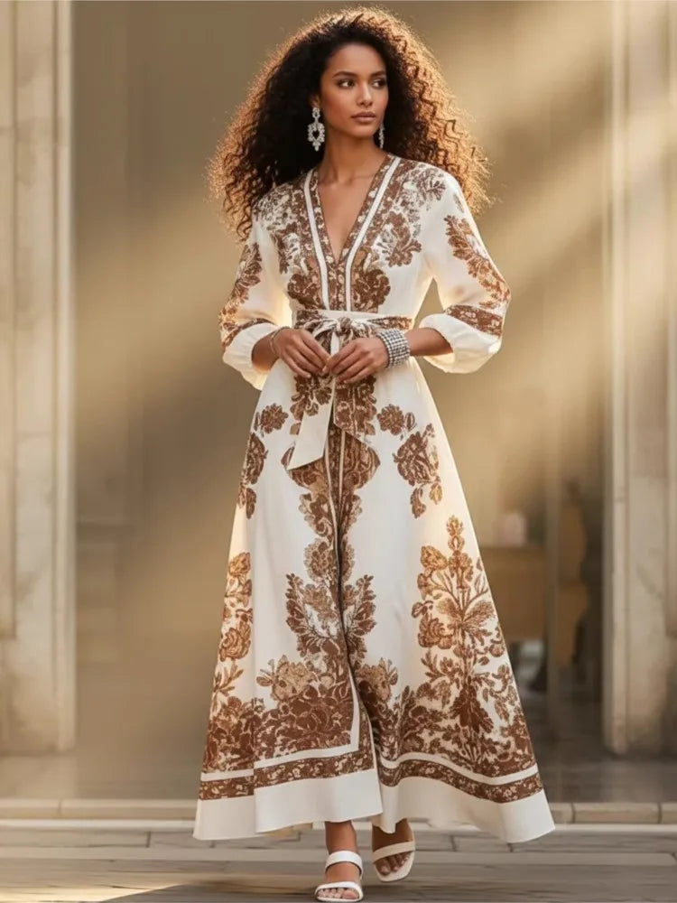Bohemian Print Long Dress – V-Neck Lantern Sleeve Belt Waist | Casual Vacation Maxi