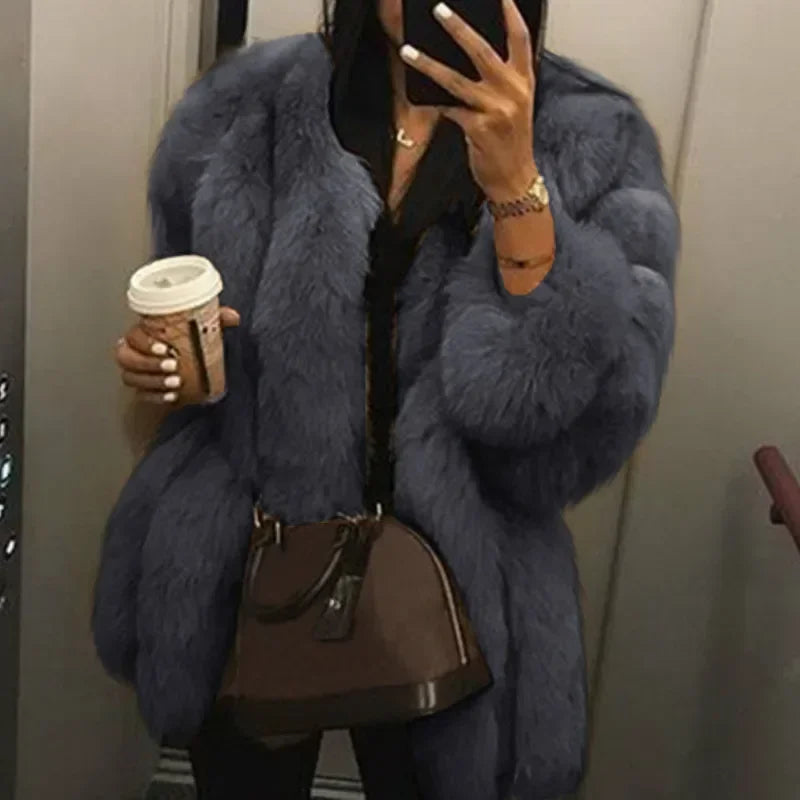 Women's Short Faux Fur Jacket with Puff Sleeves