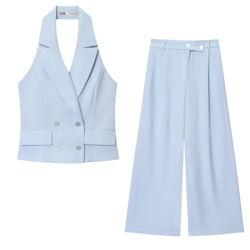 Summer Two Tone Halter Blazer Vest & Matching Wide Leg Pants Set LADYLYS