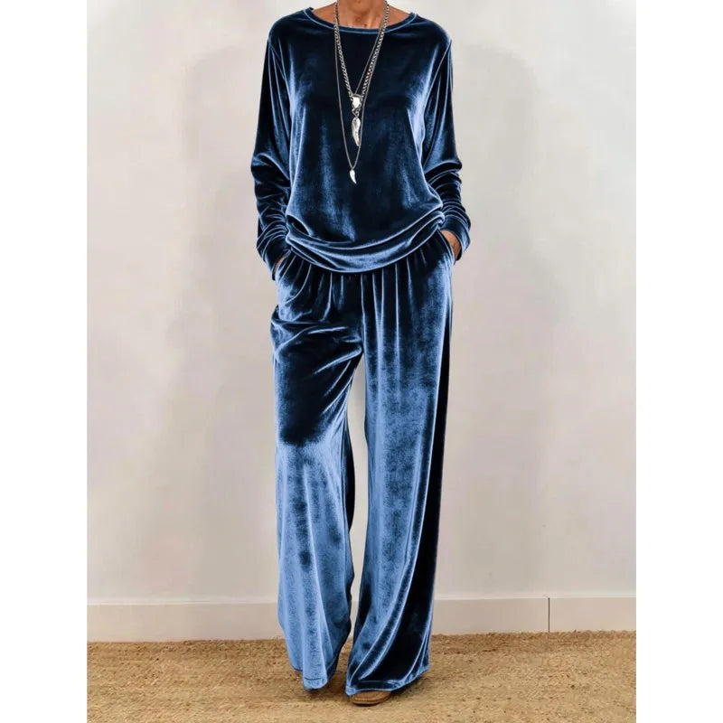 Women's Velvet O-Neck Top & Wide Leg Pants Set — Solid Color 2-Piece Outfit