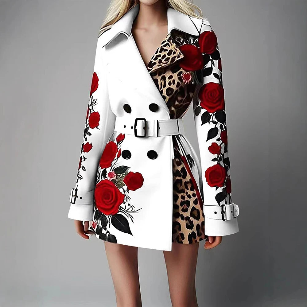 Chic Trench Coat Red Rose Leopard Print Double Breasted Belted Lapel Long LADYLYS