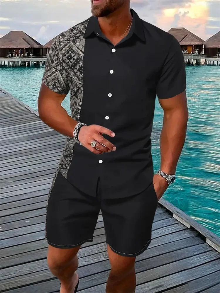 Men's Shirt Shorts Set Two Piece 3D Leaf Print Hawaiian Style LADYLYS