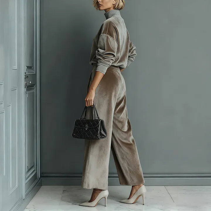 Women's High-Neck Velvet Top & Wide-Leg Trousers Set