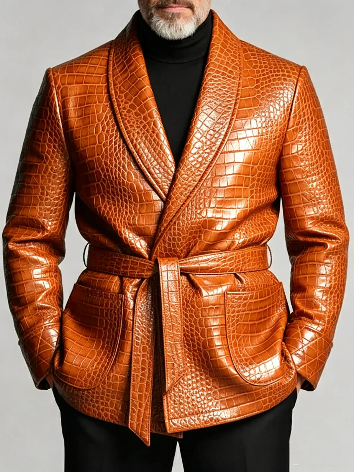 Men's Crocodile-Embossed PU Leather Blazer – Shawl Lapel, Belted, Slim Fit