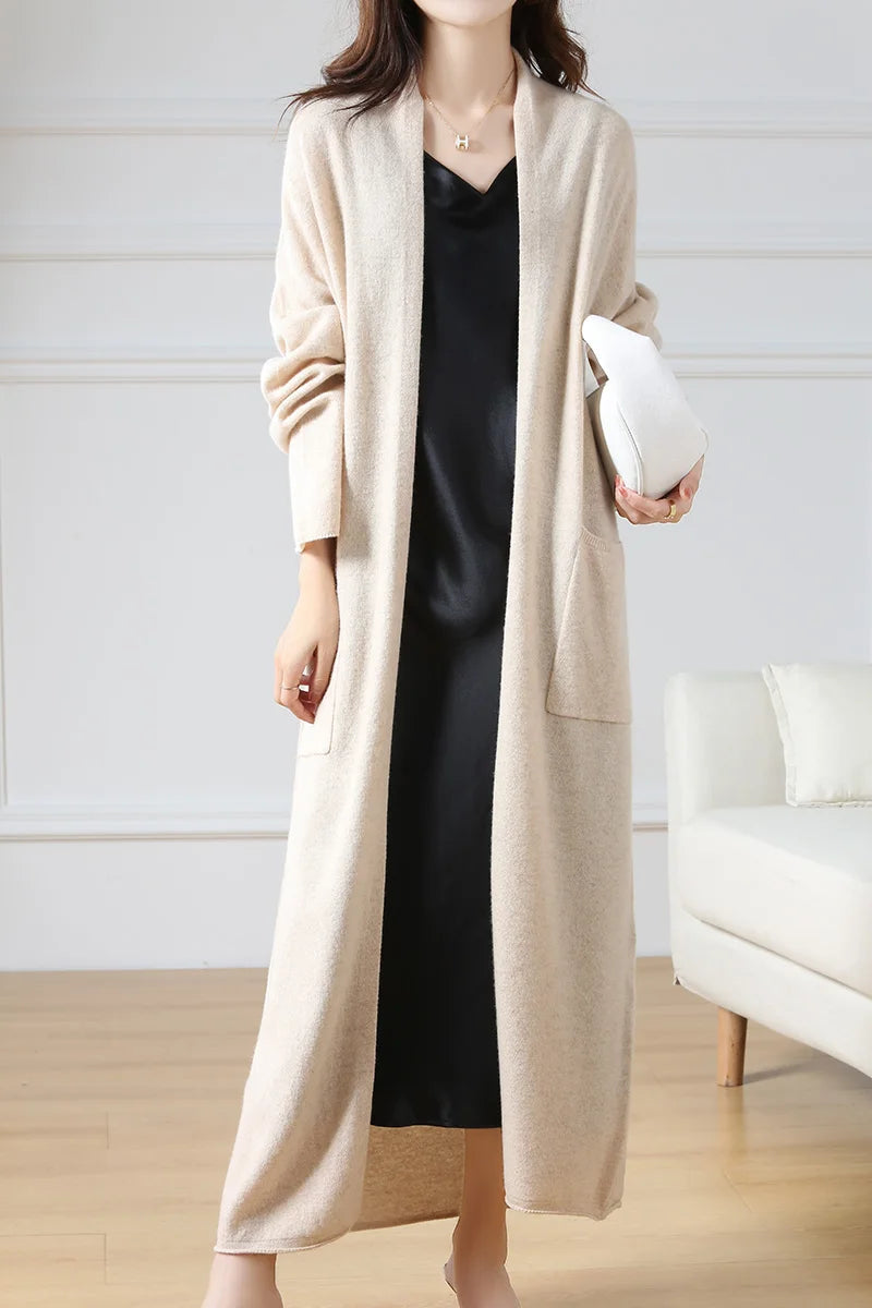Women's Long Wool V-Neck Cardigan, Loose Fit
