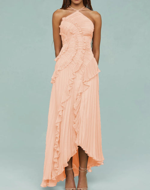 Elegant Ruffle Pleated Long Dress Fashion Sleeveless Halter Irregular Tiered Pleated Flowy LADYLYS