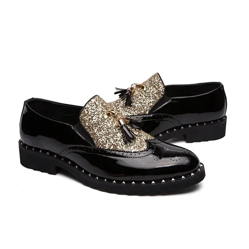 Men's Sequin Loafers in Black & Black Gold