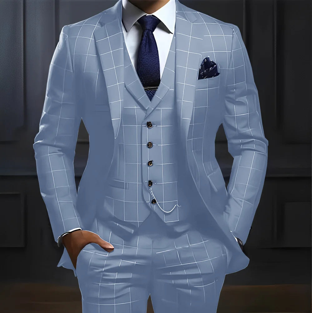 Men’s Plaid Three-Piece Suit for Weddings and Business