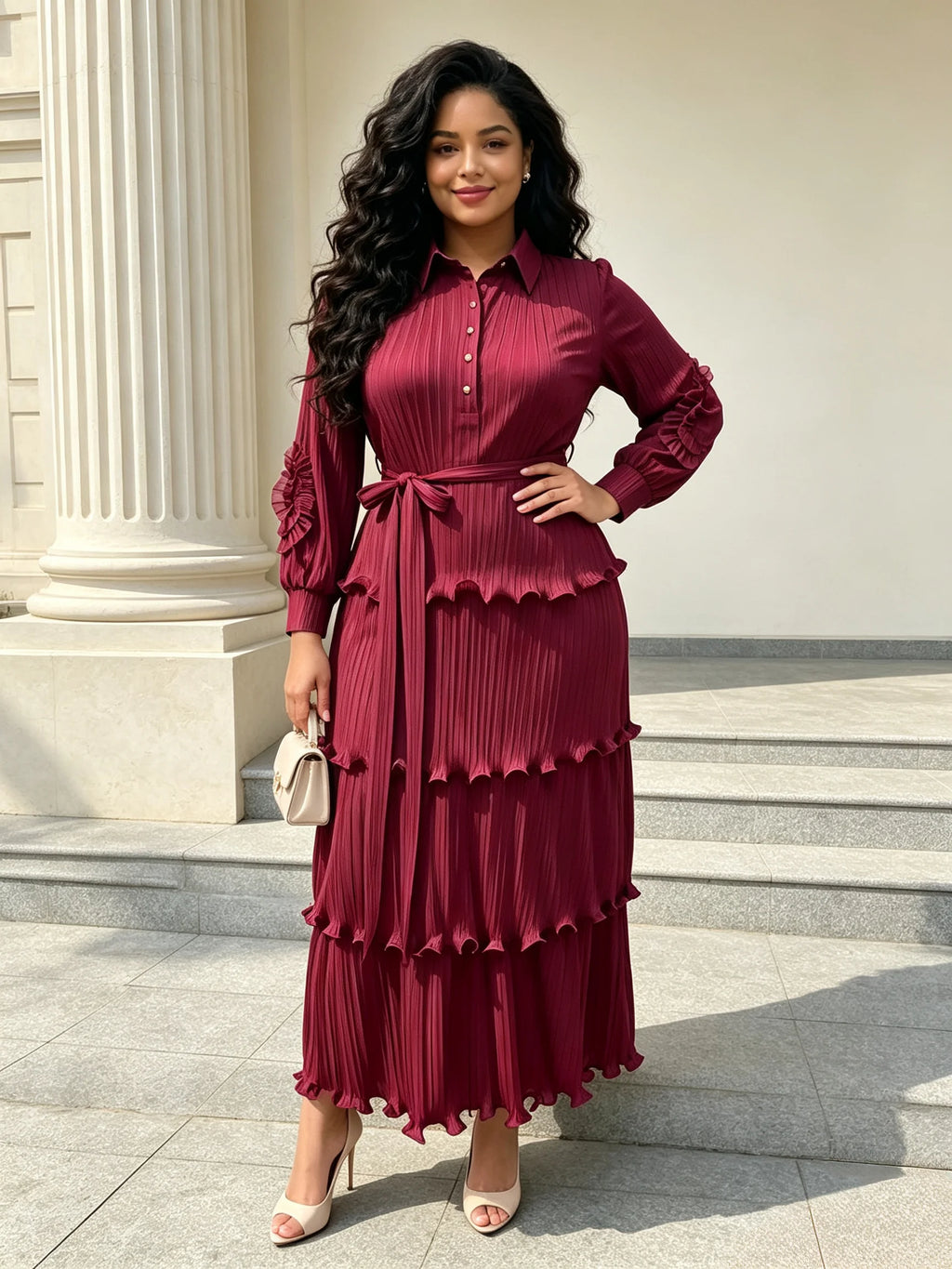 Women's Miyake Pleated Tiered Maxi Dress – Petal Sleeve Belted Long Dress | Elegant African Style