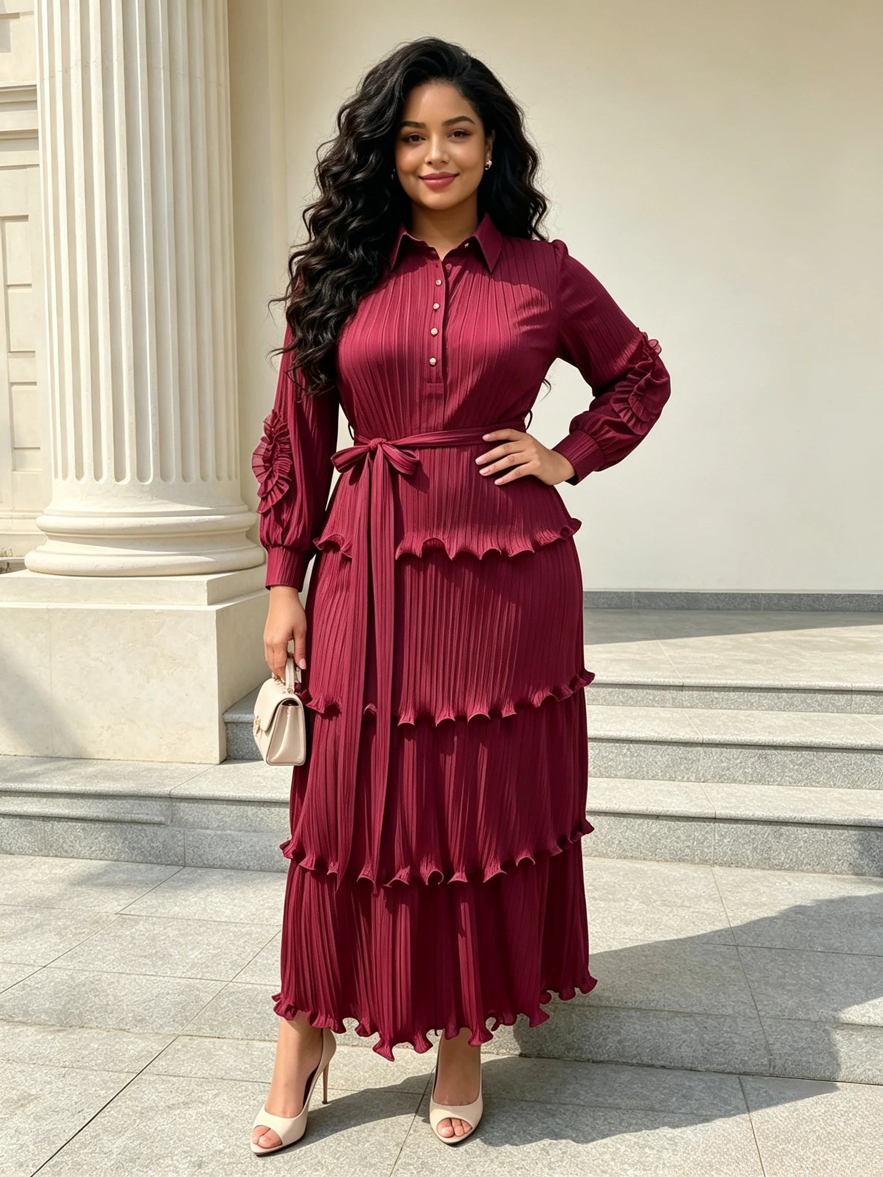 Women's Miyake Pleated Tiered Maxi Dress – Petal Sleeve Belted Long Dress | Elegant African Style