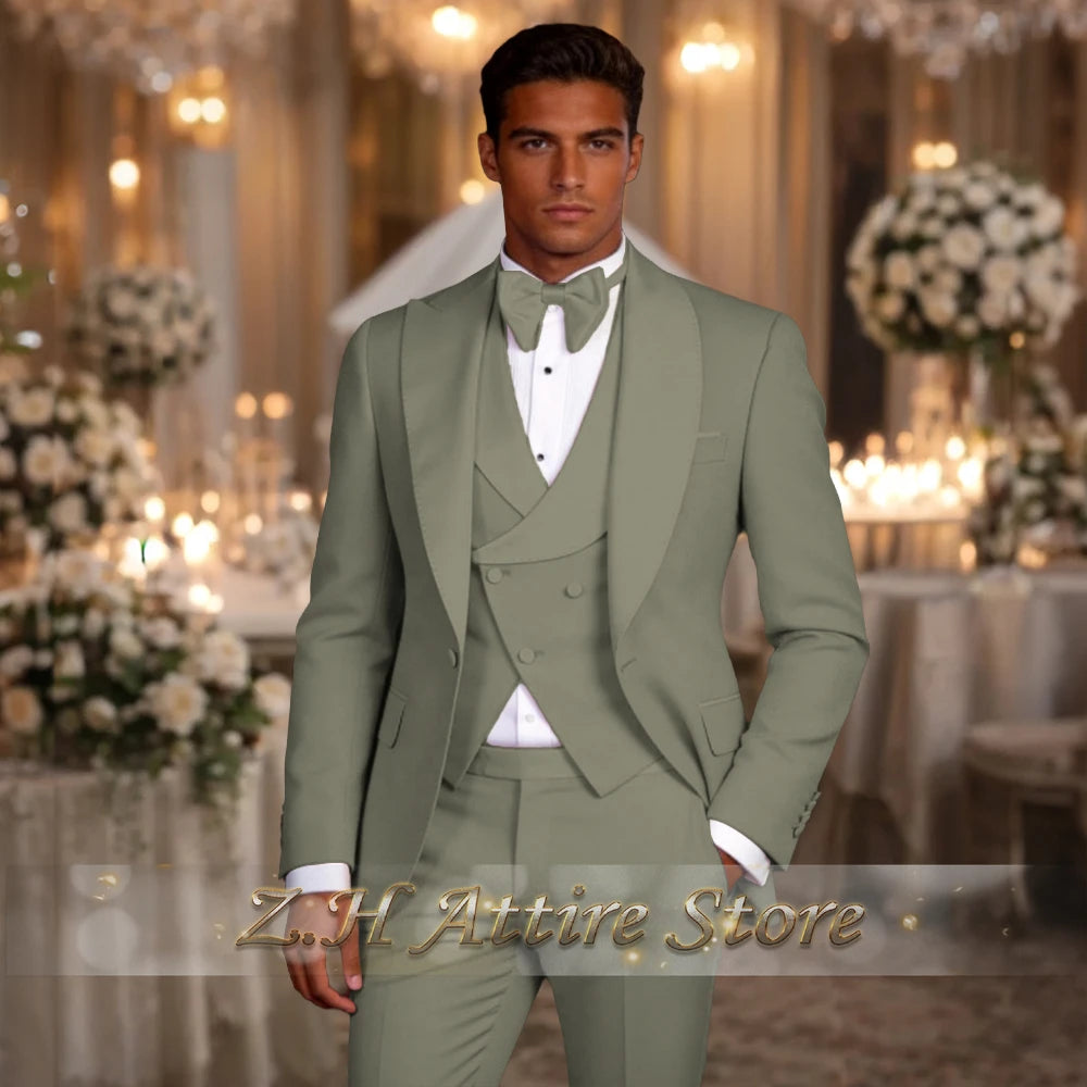 Elegant men's 3pcs suit spliced satin lapel jacket vest pants LADYLYS