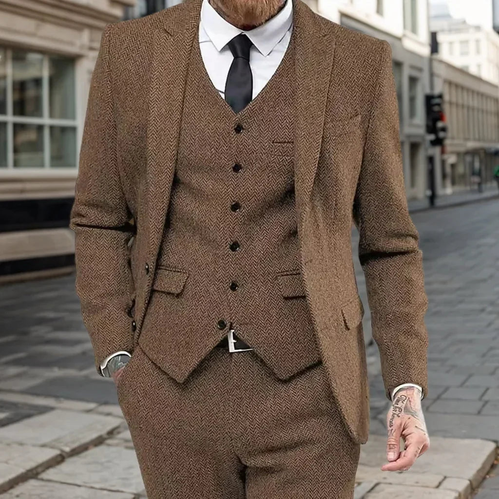 Men's Slim-Fit Herringbone Three-Piece Suit