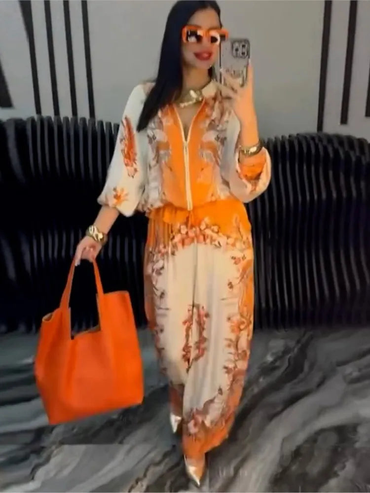 Printed Drawstring Trousers 2-Piece Set – Zipper Top & Wide-Leg Pants Outfit